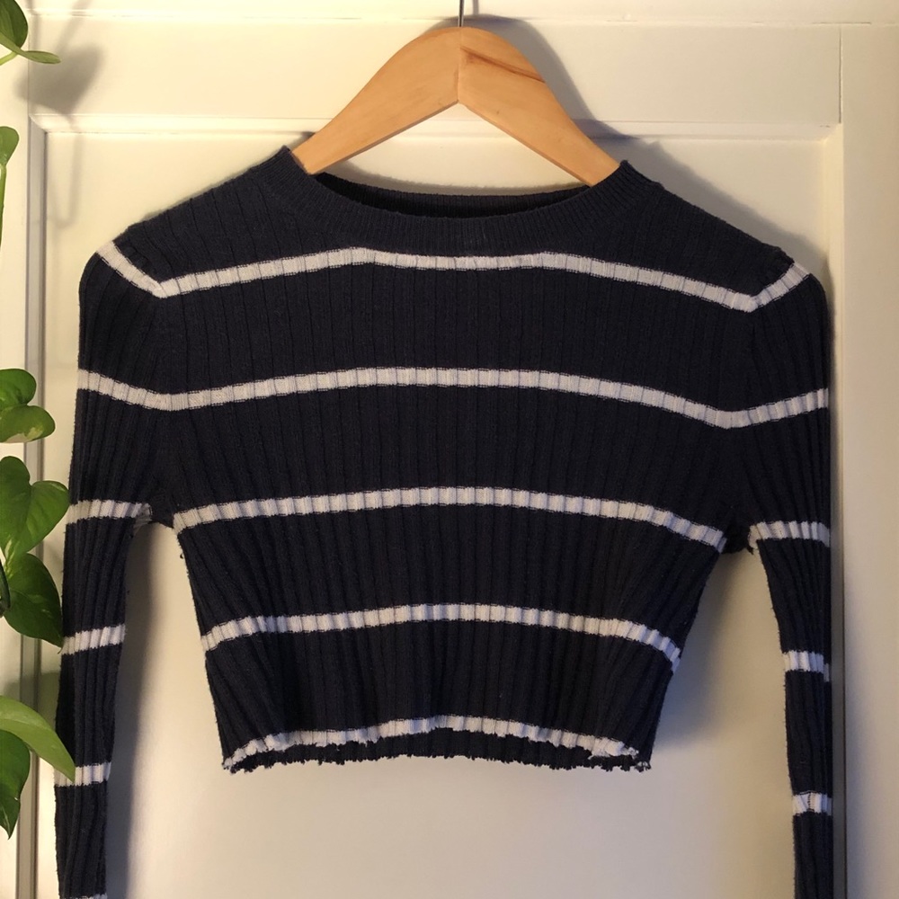 Cropped Blue and White Striped Sweater